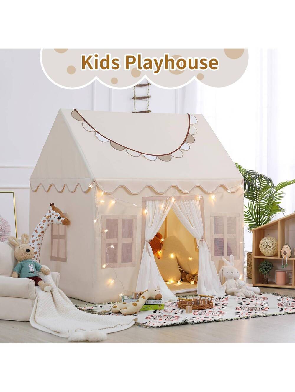 Kids Tent with Mat Star Lights Banner Tent Kids Indoor Playhouse Toddler Tent